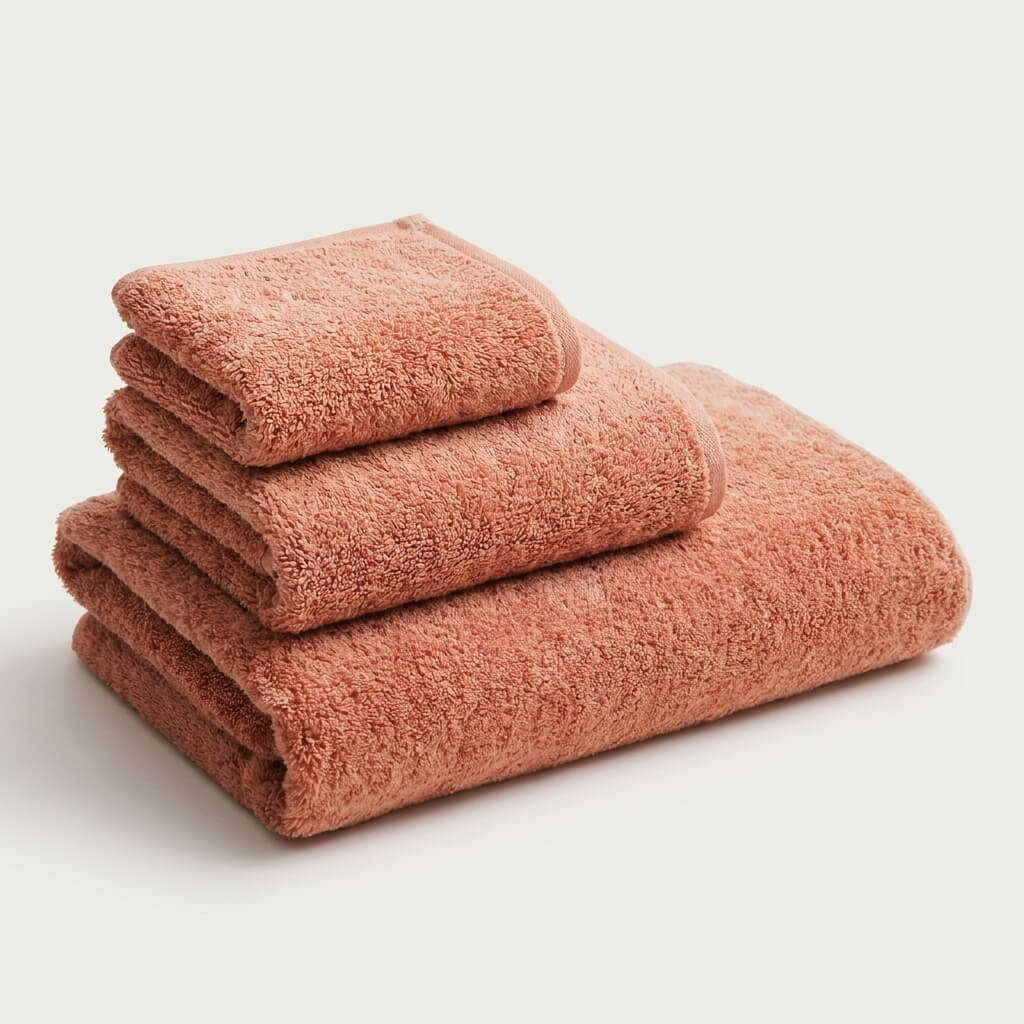 Folded coral Egyptian cotton bath towels by theMoreHemp