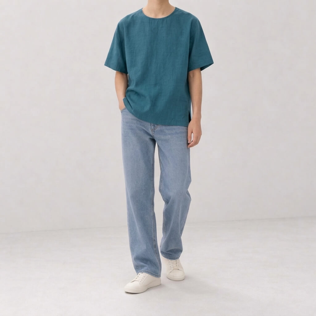 100% Hemp Handmade Men's Woven Tee - Bondi Blue