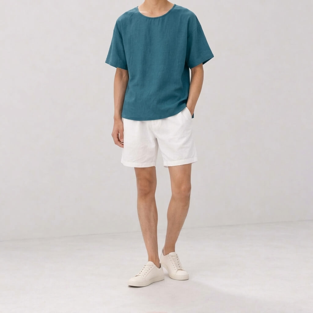 100% Hemp Handmade Men's Woven Tee - Bondi Blue