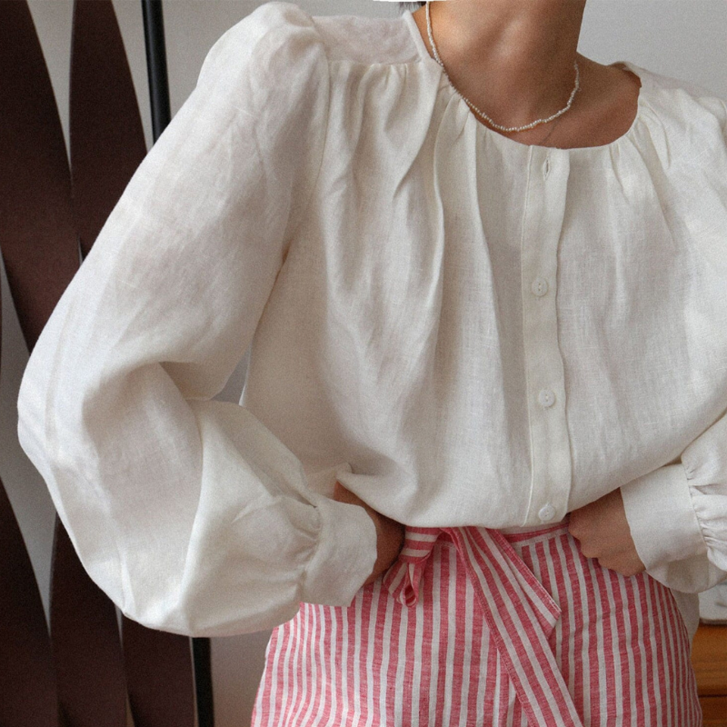 100% Hemp Puff Sleeves Blouse|Handmade&Sustainable Hemp Clothing