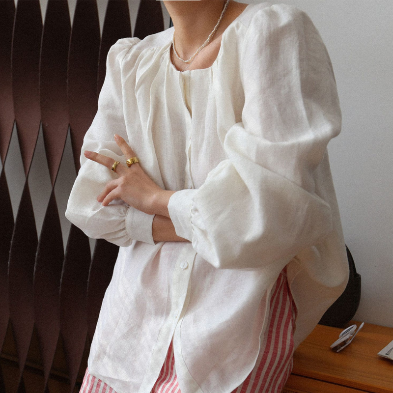 100% Hemp Puff Sleeves Blouse|Handmade&Sustainable Hemp Clothing