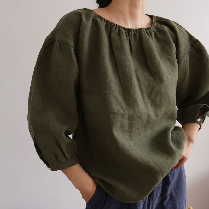 100% Hemp Shirred Collar Blouse| Handmade&Eco-Friendly Hemp Clothing