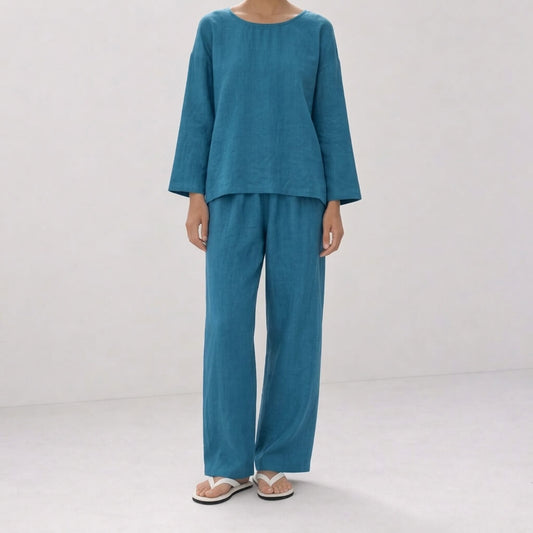 100% Hemp Handmade Long-Sleeve Top & Pants Set - Bondi Blue