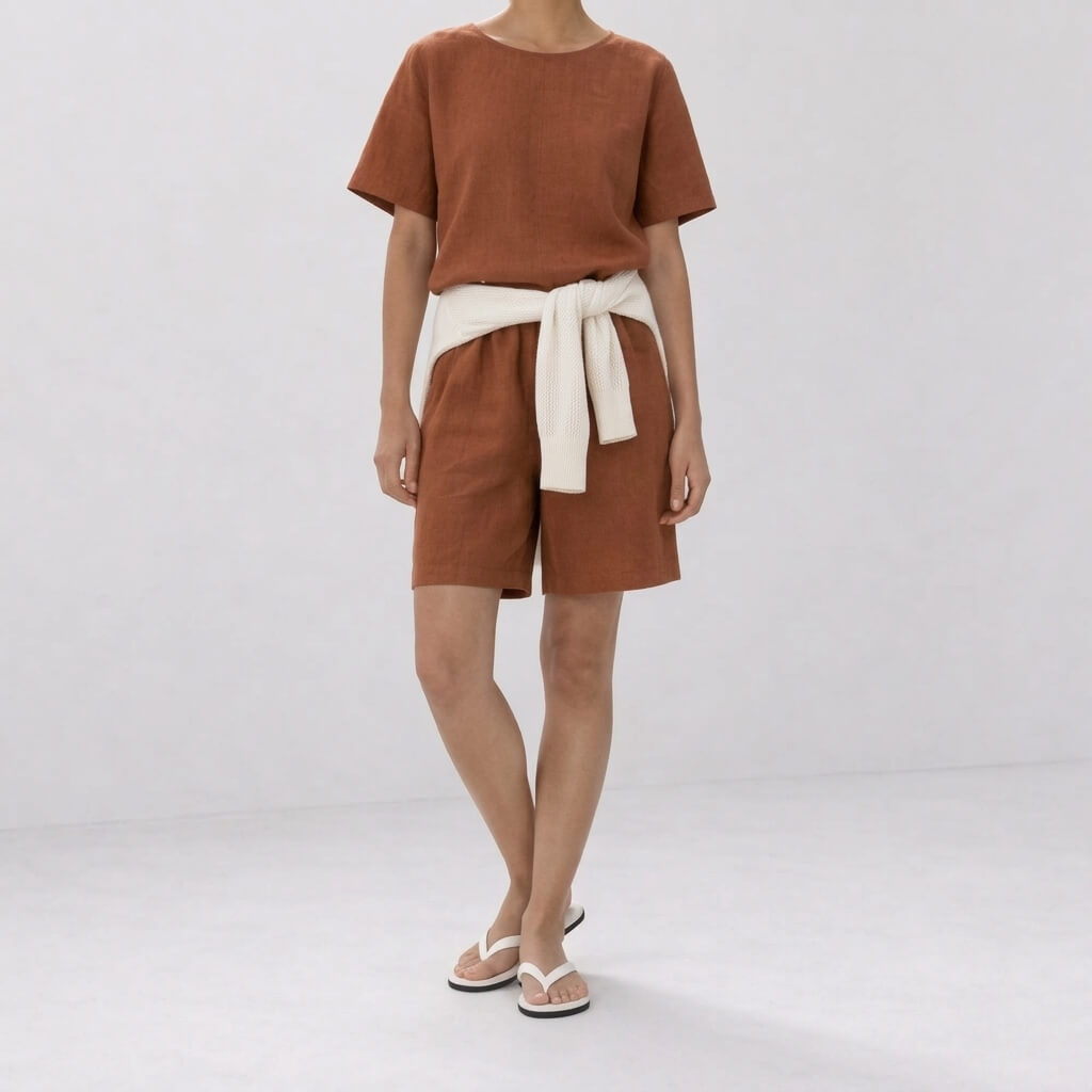 100% Hemp Handmade Top & Shorts Set - Persimmon