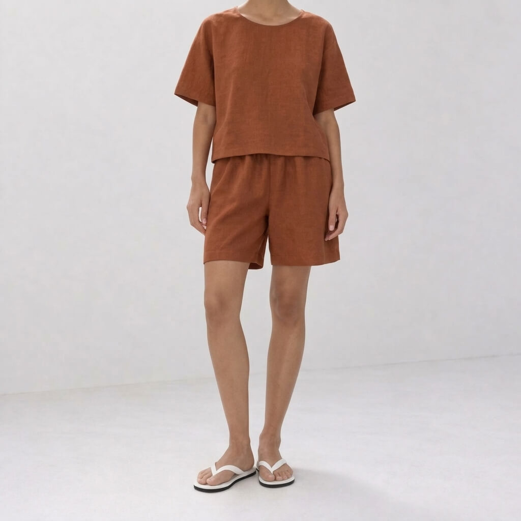100% Hemp Handmade Top & Shorts Set - Persimmon