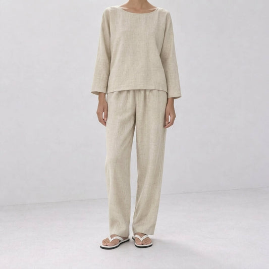 100% Hemp Handmade Long-Sleeve Top & Pants Set - Natural Hemp