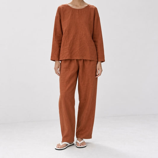 100% Hemp Handmade Long-Sleeve Top & Pants Set - Persimmon