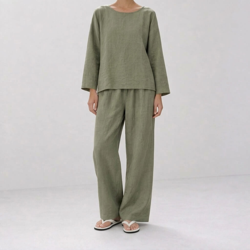 100% Hemp Handmade Long-Sleeve Top & Pants Set - Sage