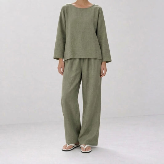 100% Hemp Handmade Long-Sleeve Top & Pants Set - Sage