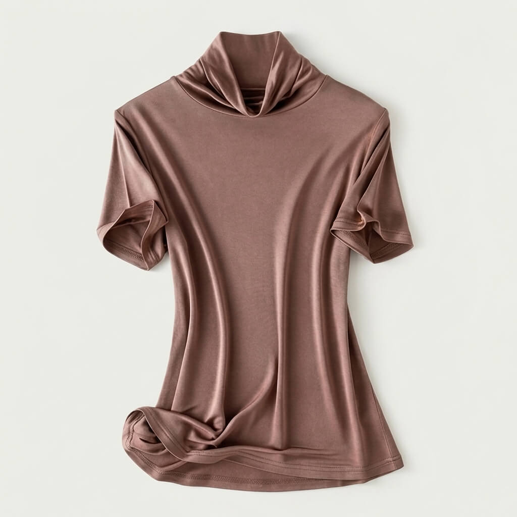 Silk-Blend Short Sleeve Cowl Neck Top - Mocha