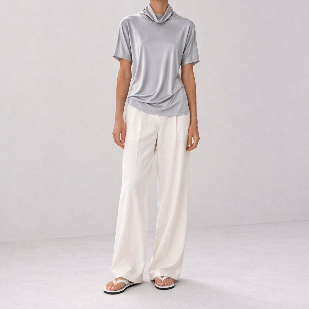 Silk-Blend Short Sleeve Cowl Neck Top - Silver Grey