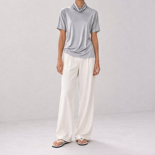 Silk-Blend Short Sleeve Cowl Neck Top - Silver Grey