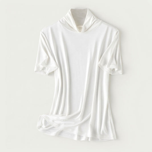Silk-Blend Short Sleeve Cowl Neck Top - Ivory