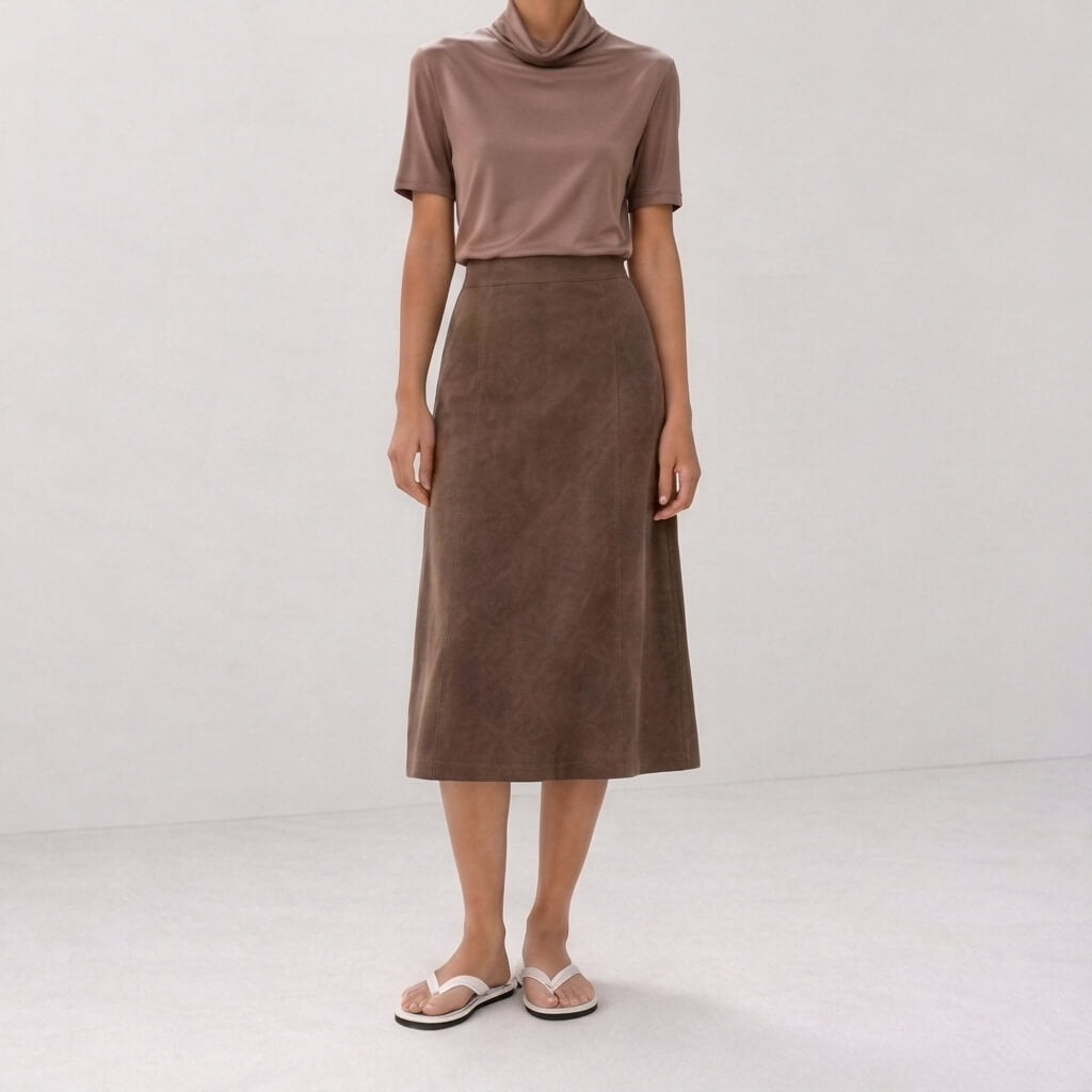 Silk-Blend Short Sleeve Cowl Neck Top - Mocha