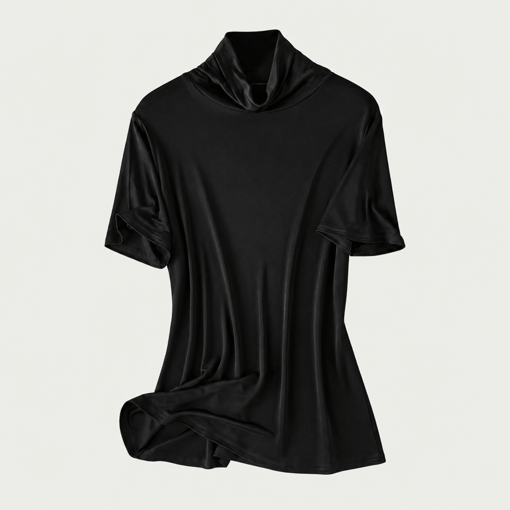 Silk-Blend Short Sleeve Cowl Neck Top - Black