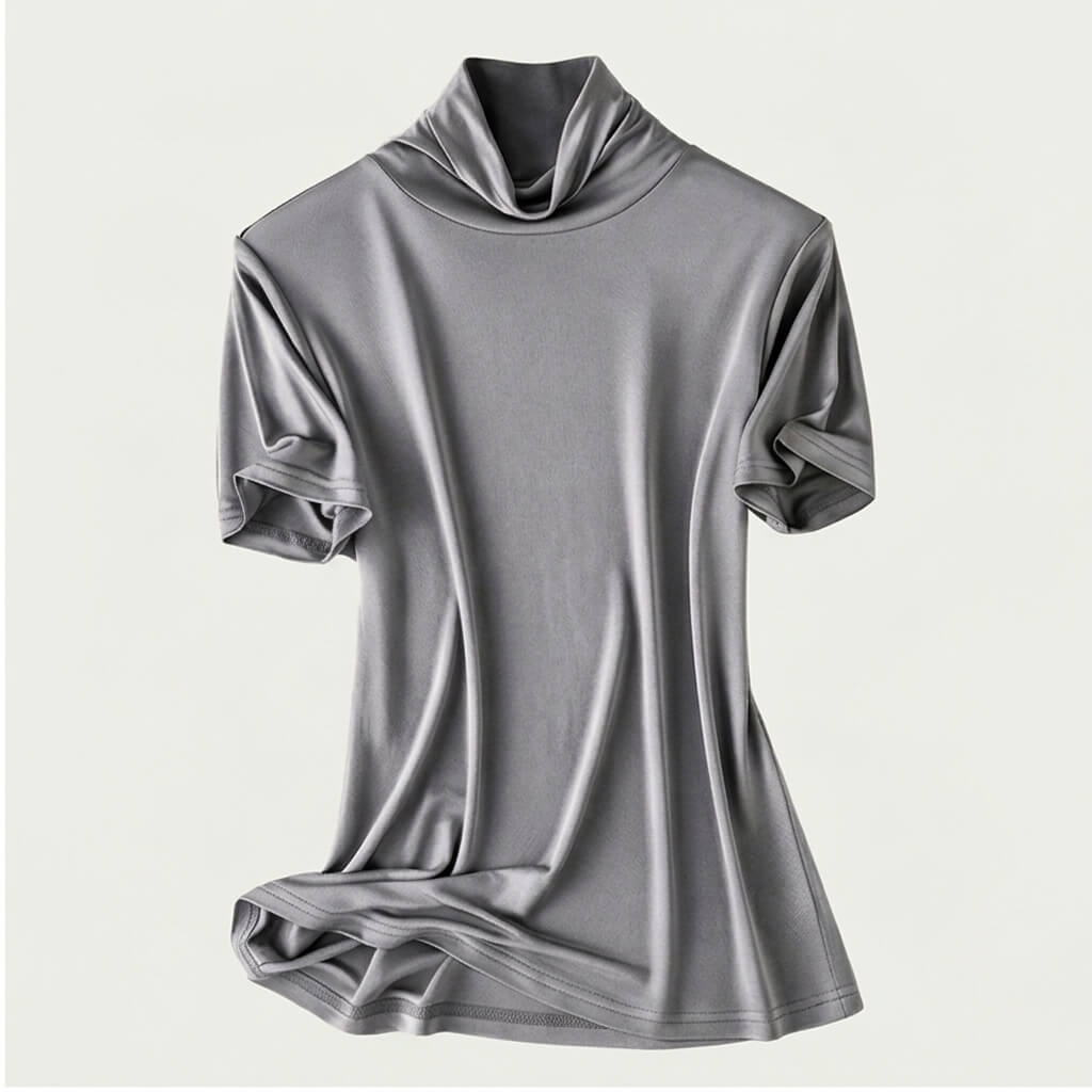 Silk-Blend Short Sleeve Cowl Neck Top - Charcoal