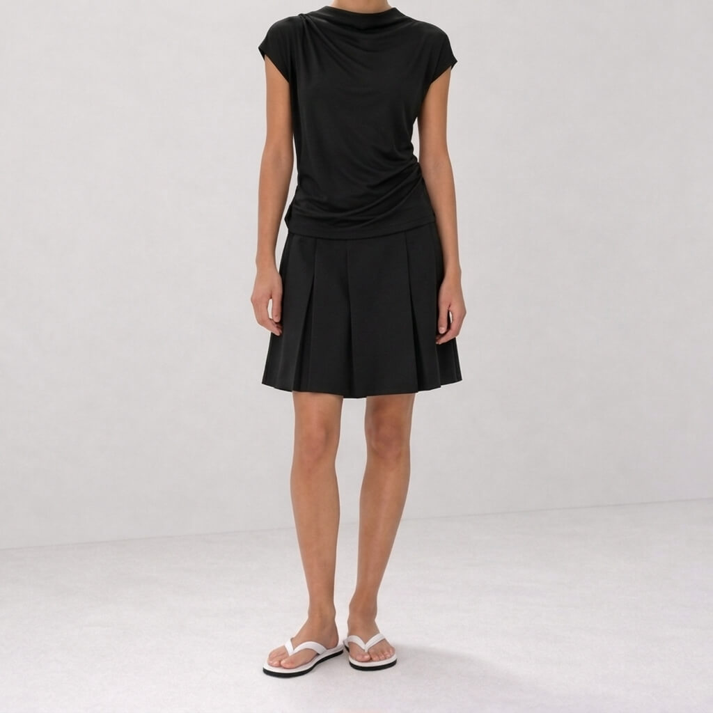 Silk Knit Draped Mock Neck Top - Black