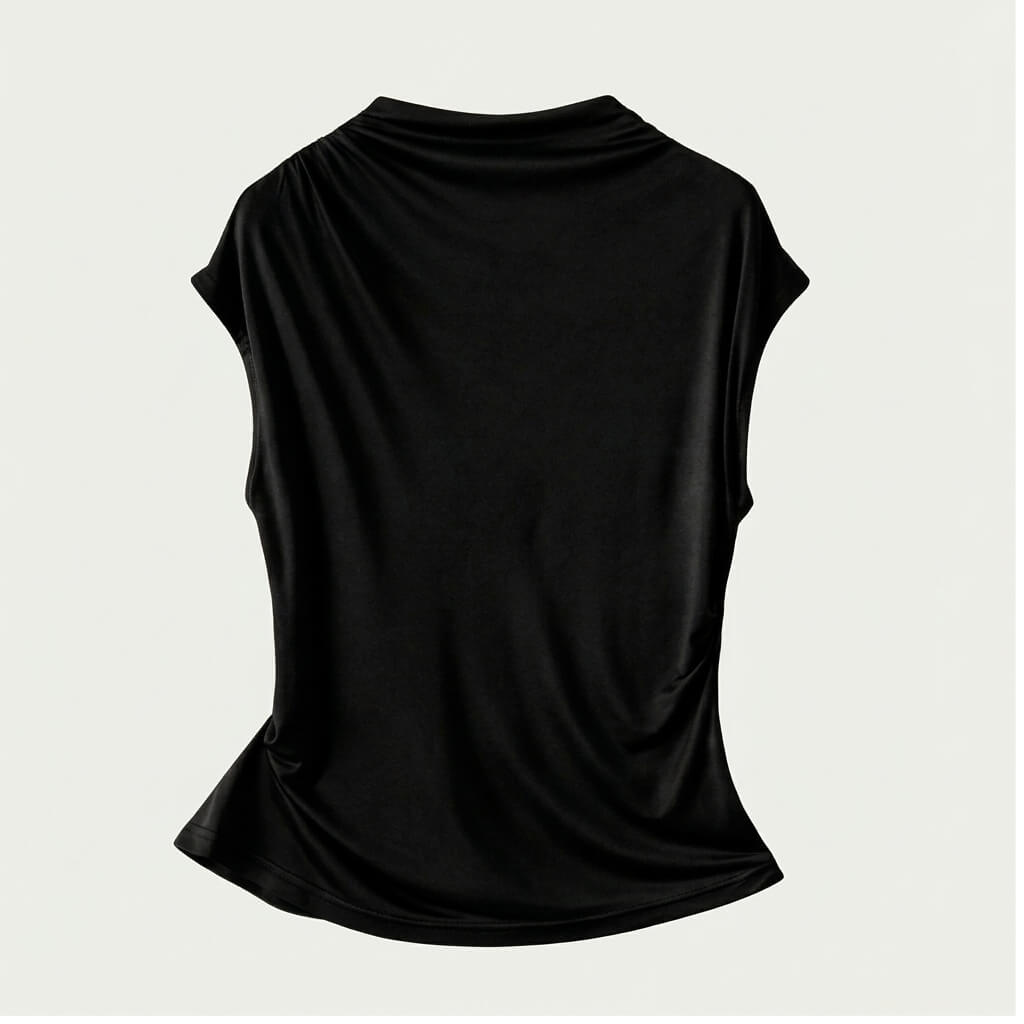 Silk Knit Draped Mock Neck Top - Black