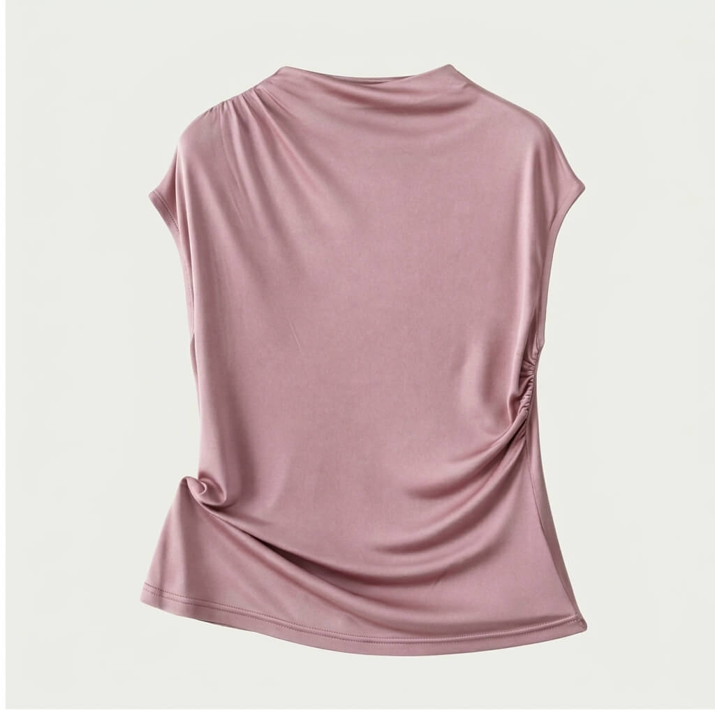 Silk Knit Draped Mock Neck Top - Blush Rose