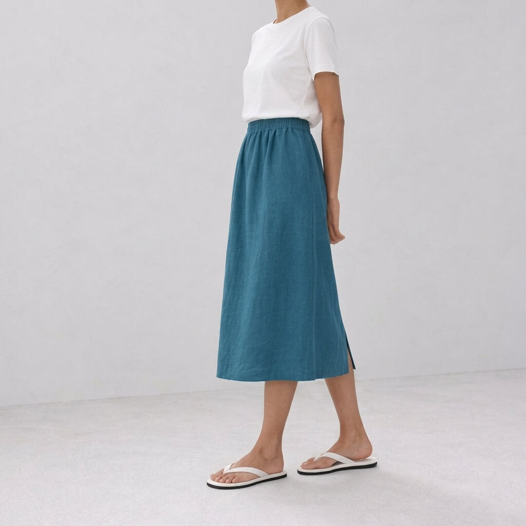 Vale 100% Hemp Handmade Midi Skirt - Bondi Blue