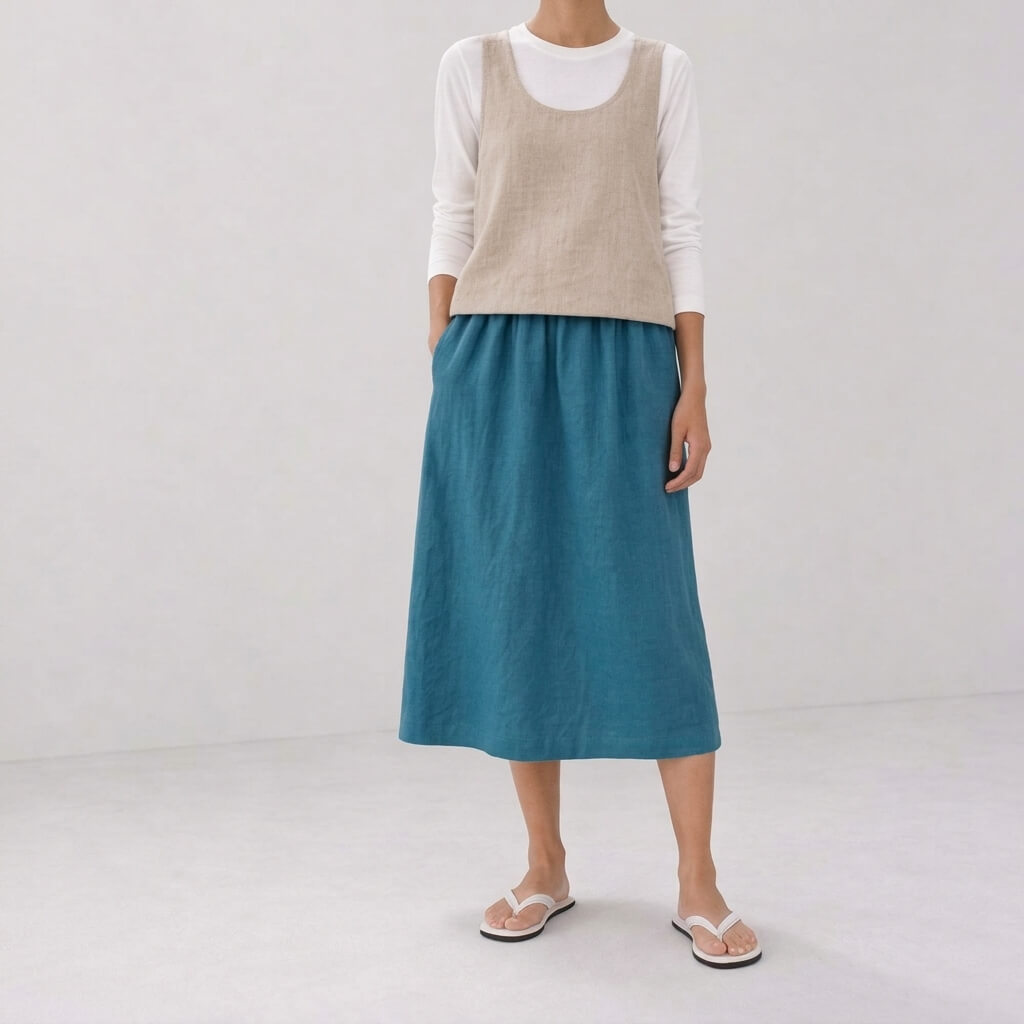 Vale 100% Hemp Handmade Midi Skirt - Bondi Blue