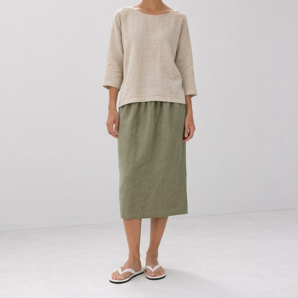Vale 100% Hemp Handmade Midi Skirt - Sage