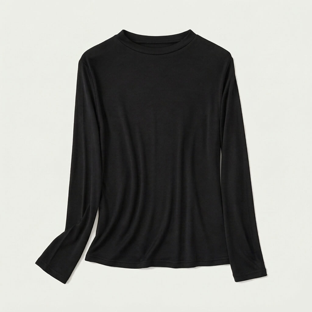 Silk-Blend Knit Long Sleeve Crew Neck Top - Black