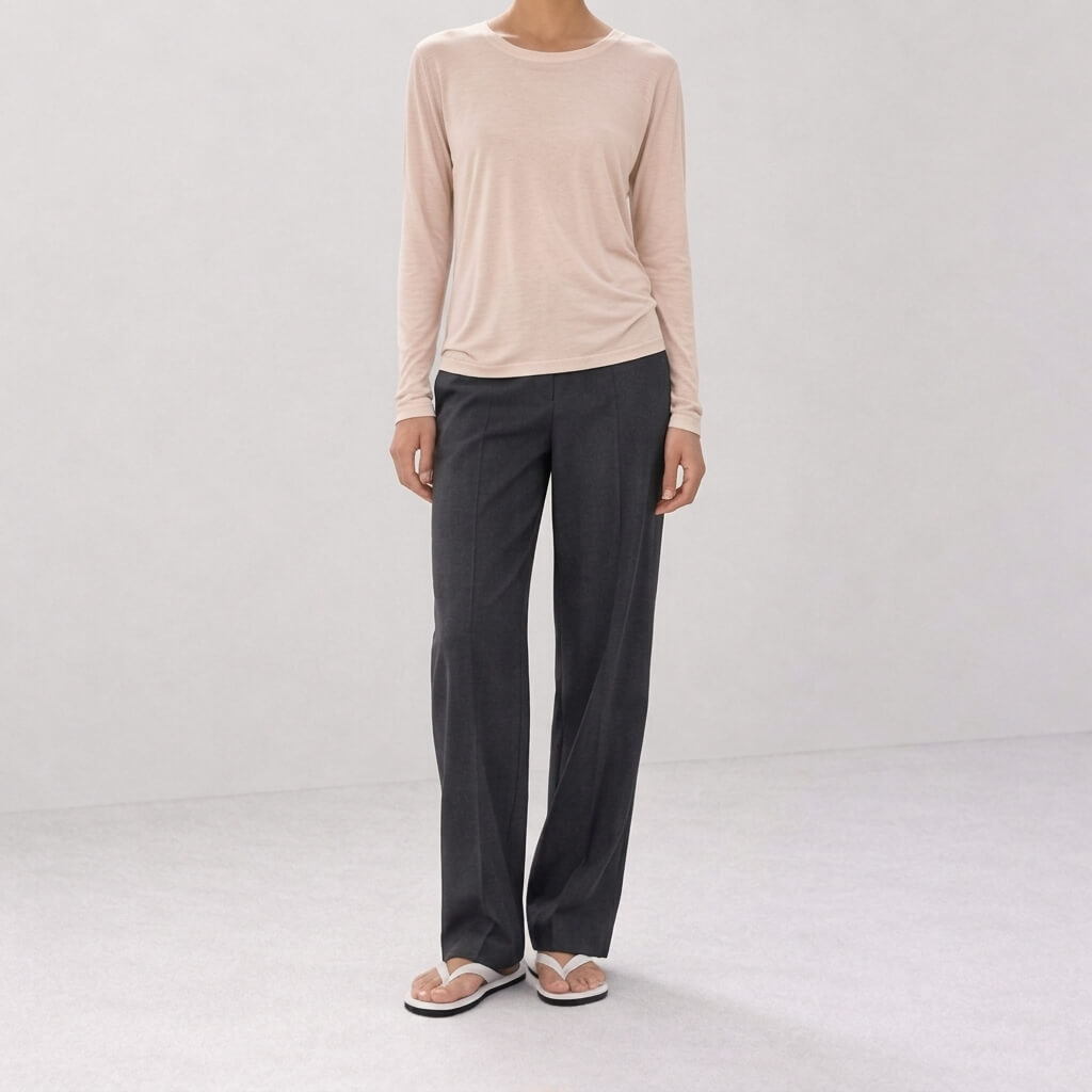 Silk-Blend Knit Long Sleeve Crew Neck Top - Blush Pink