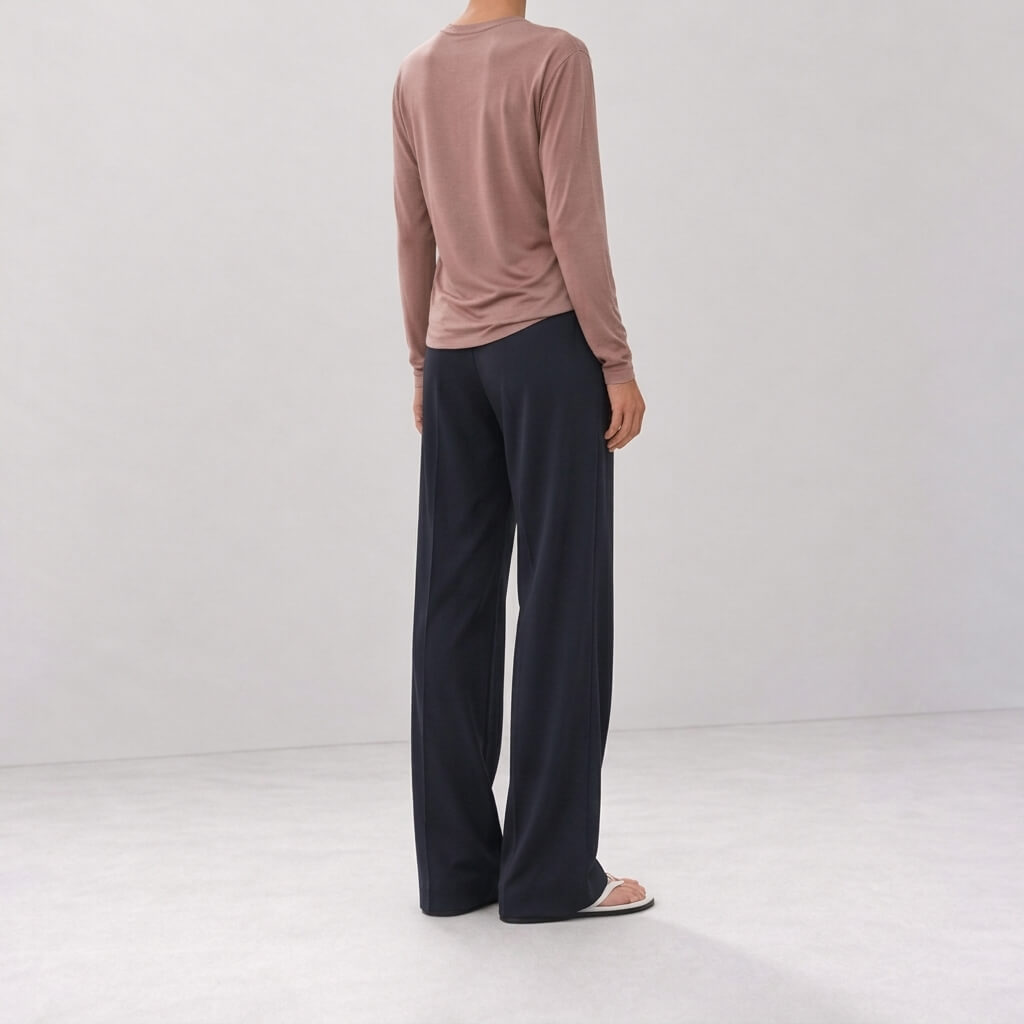 Silk-Blend Knit Long Sleeve Crew Neck Top - Mocha