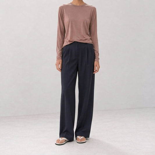 Silk-Blend Knit Long Sleeve Crew Neck Top - Mocha