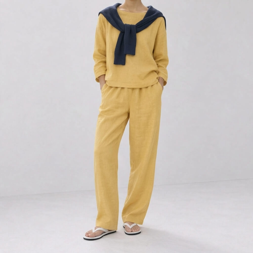 Lemon hemp long-sleeve top and pants set styled with a navy sweater