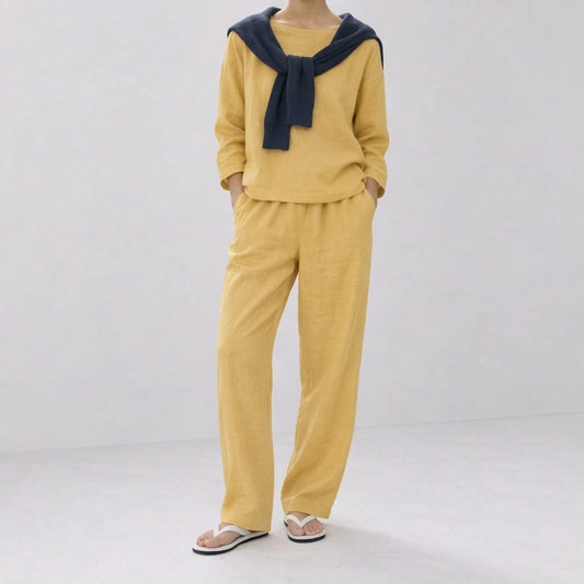 Lemon hemp long-sleeve top and pants set styled with a navy sweater