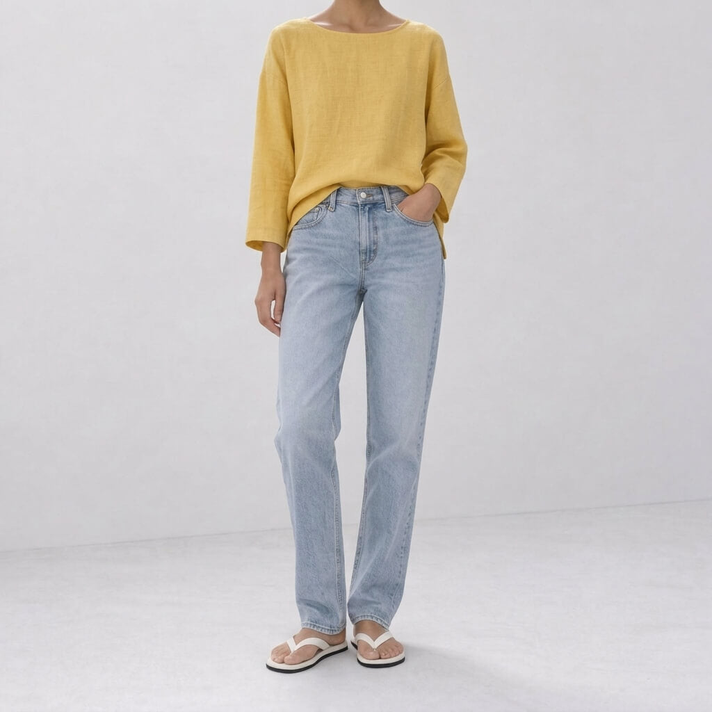 Lemon hemp long-sleeve top styled with light-wash jeans