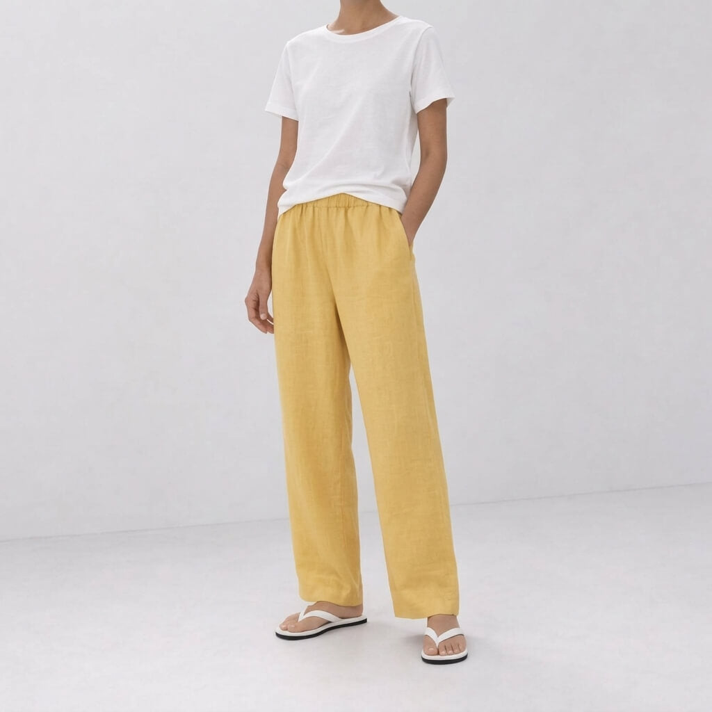 Lemon hemp full-length pants styled with a white T-shirt